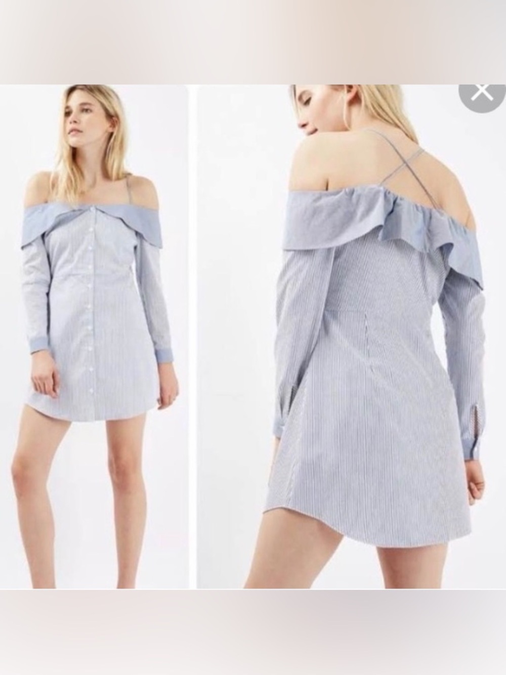 Topshop Light Blue & White Off-Shoulder Pinstripe Dress